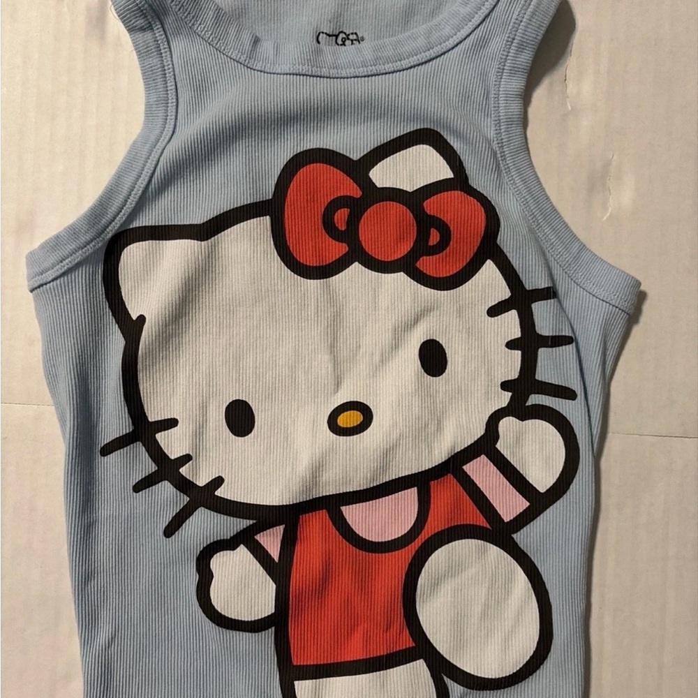 Hello Kitty Light Blue Ribbed Tank with Red Graphic Bow
